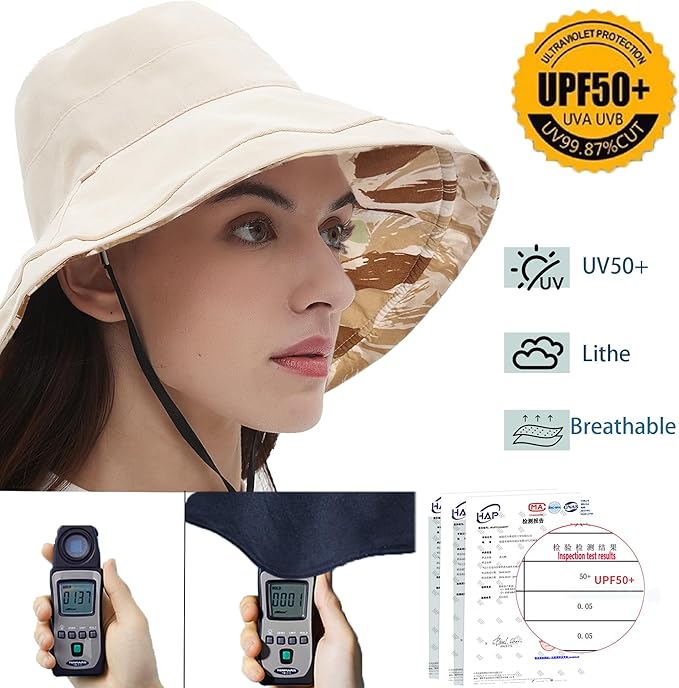 vidsel Womens Sun Hats Wide Brim Reversible Bucket Cotton Hat Packable Summer Travel Cap with Hat Clip,UV Protection