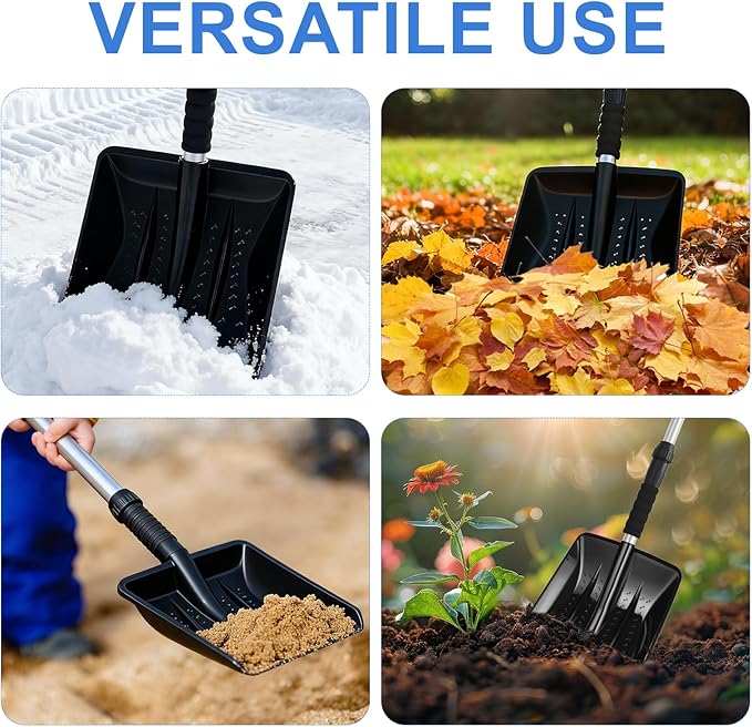 4 Pcs Kids Snow Shovels with D-Grip Handle, Adjustable Snow Shovels for Toddlers Boys Girls, Portable ＆ Lightweight Shovel for Garden, Camping, Driveway, Car, Outdoor Activities, Snow Removal (Black)