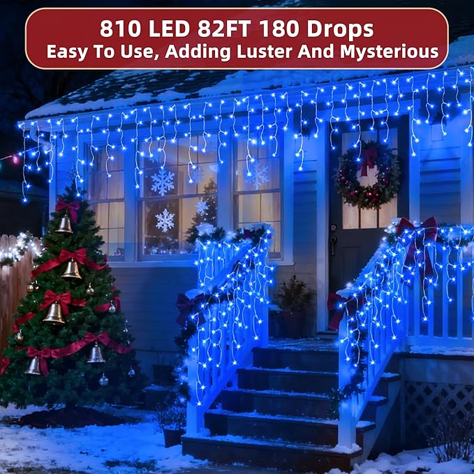 810 LED Christmas Lights Outdoor 82FT with 180 Drops, Christmas Decorations Hanging Lights 12 Modes, Dimmable Outsite Fairy String Lights for Wedding Party Holiday Winter Wonderland Decor Blue