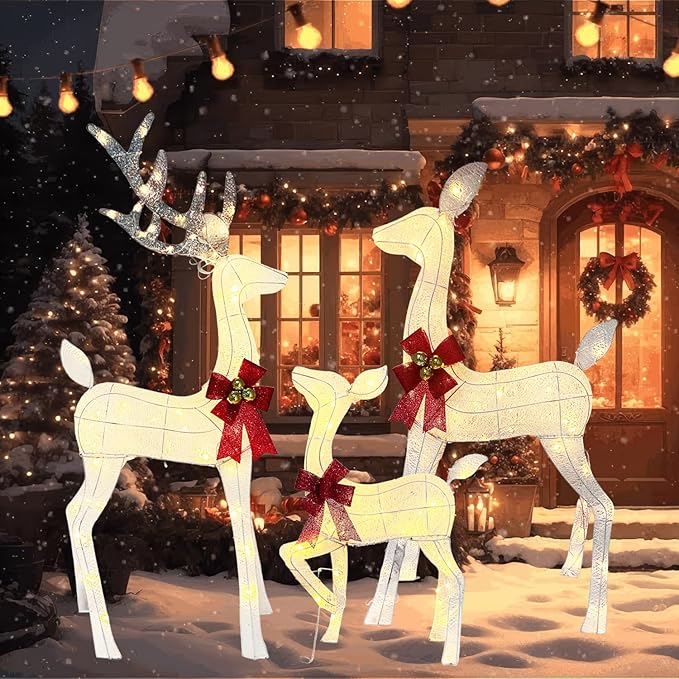 Lighted Reindeer Christmas Outdoor Yard Decorations, 4ft 3-Piece Reindeer Family Set with 240 LEDs, Ground Stakes, Durable Weatherproof Metal Frame for Home, Garden, Indoor Holiday Decor, White