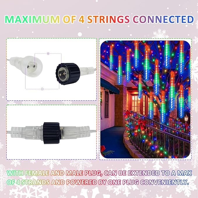 2-Pack Extendable Meteor Shower Christmas Lights Outdoor, 16 Tubes 384 LEDs Waterproof Falling Rain String Light, Christmas String Lights Outdoor for Tree Garden Patio Holiday Decorations (Multicolor)