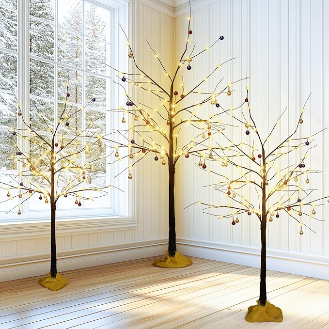 Lamerge Brown Lighted Birch Tree Set of 3, Christmas Decorations Birch Tree with Lights for Home Holiday Party, Indoor/Outdoor 4FT+5FT+6FT, Halloween Decorations