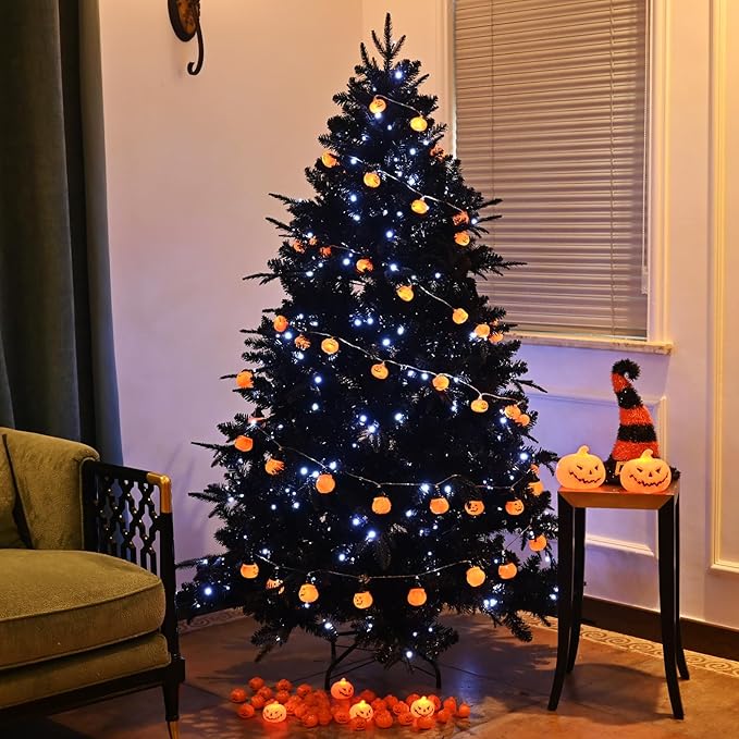 7.5FT PreLit Black Christmas Tree with 500 Lights, Artificial Fake Christmas Tree with 2156 PE&PVC Branch Tips, Halloween and Xmas Tree for Holiday Decorations, Metal Stand and Hinged Branches