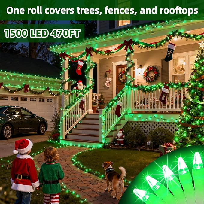 1500 LED Chrstmas Lights, 470ft Outdoor Christmas String Lights with 12 Modes, Green LED String Lights with Timer Dimmable Waterproof for Tree Fence Garden Xmas Wedding Party Decor Green