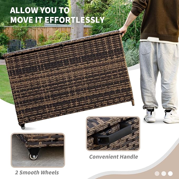 MEISSALIVVE 178 Gallon Outdoor Storage Box, Handle Large Portable Wicker Rattan Deck Box for Patio Furniture Cushions, Patio Deck Box with 2 WheelsThrow Pillows, Garden Tools and Pool Floats (Brown)