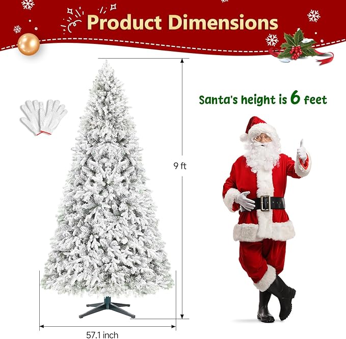 9FT White Flocked Artificial Christmas Tree, 360° Rotating Musical Xmas Tree with Remote Control, Pre-Lit 8 Modes Warm White & Multicolored LED Lights Snowy Holiday Tree for Festive Décor