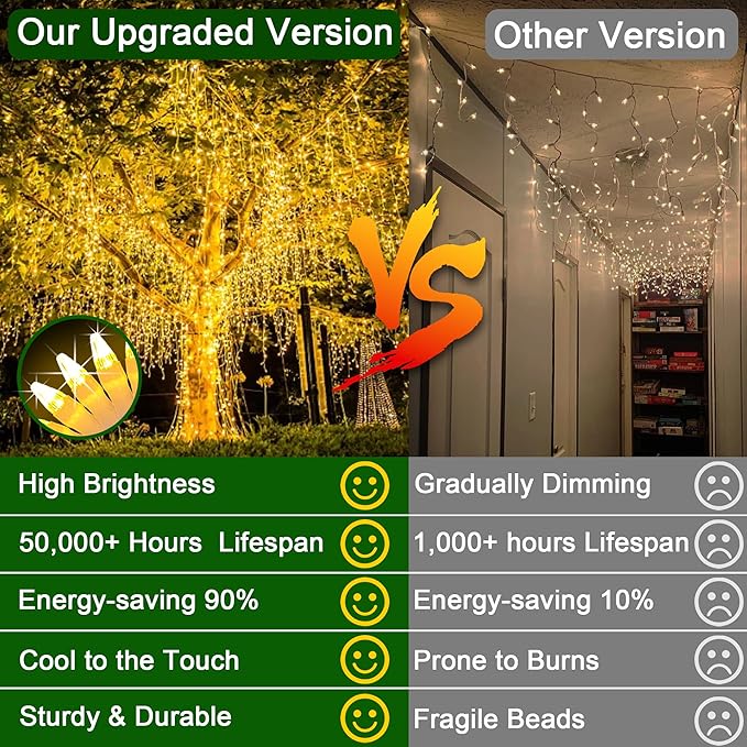 66ft LED Christmas Lights Outdoor with 140 Drops, Christmas Decorations Hanging Lights 490 LED 8 Lighting Modes, Outsite Fairy String Lights for House Xmas Wedding Party Holiday Decoration Warm White