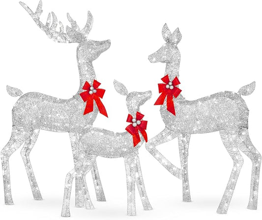 Best Choice Products 6.5ft 3-Piece Large Lighted Christmas Deer Family Set, Outdoor Yard Decoration with 385 LED Lights, Stakes, Zip Ties - Silver