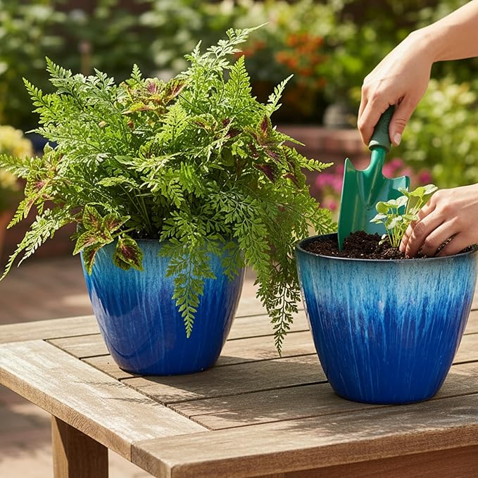 8 inch Plant Pots with Drainage Holes, Pack of 4 Plastic Flower Pots Indoor, Modern Glossy Finishing Planter for Indoor Outdoor Plants (Blue Glaze, 4 Pack)