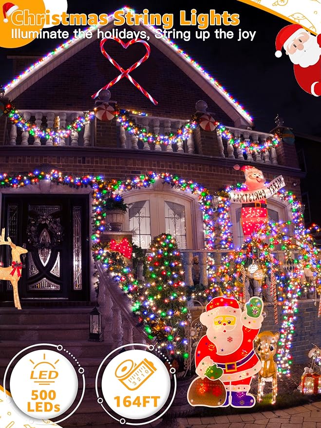 500 LED 164 FT Christmas Lights, Waterproof Outdoor String Lights with Remote and Timer, Christmas Tree Lights with 8 Modes Dimmable, Fairy Lights for Holiday Decor (Multicolor)