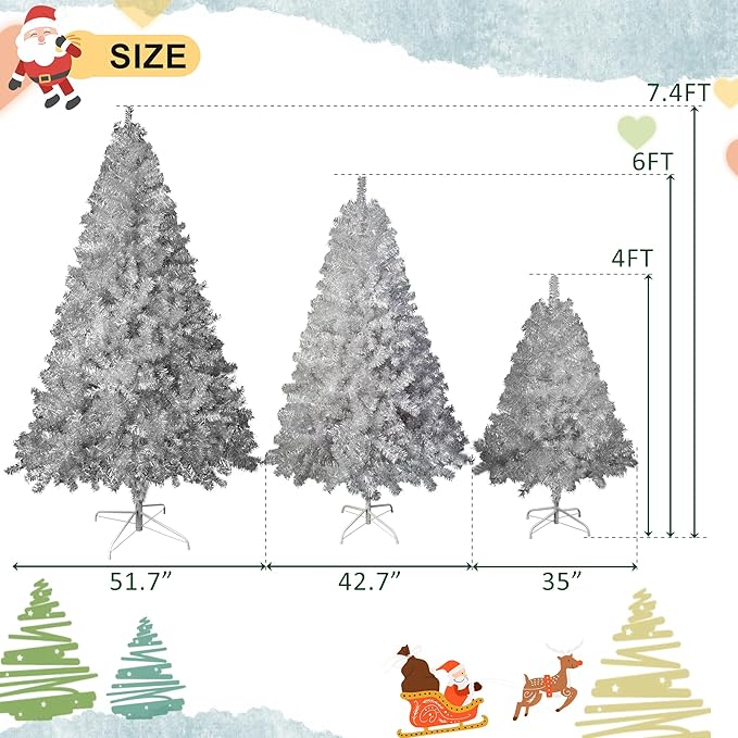 7.4FT Silver Pre-Lit Artificial Christmas Tree with Lights, Hinged Full Xmas Tree with 1200 Branch Tips & 400 Multi-Color LED Lights, 11 Lighting Modes, Metal Stand, Indoor Outdoor Decorations