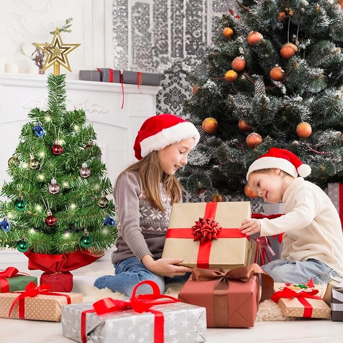 Uten Mini Christmas Tree 20 Christmas Balls and Small Christmas Tree Star, One Tree top Star 30 Warm White Lights 30 Colored Lights PVC with Cement Base Christmas Decorations for Home, Office, Party