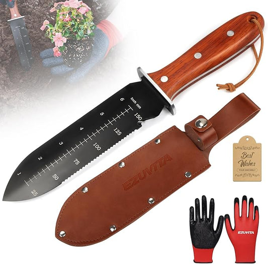 Hori Hori Garden Knife, Gardening Tools with Leather Sheath for Weeding, Gardening, Digging, 7” Stainless Steel Blade with Double Cutting Edge, Full Tang Wood Handle with Hanging Hole