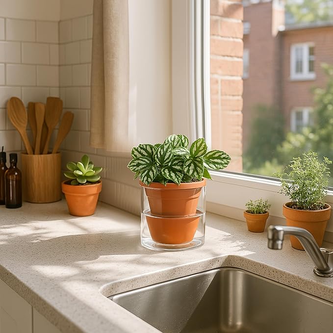 D'vine Dev 4 Inch Design Self Watering Pot for Indoor Plants, Terracotta Planter with Cylinder Glass Cup, Set of 2, 37-Y-A-1