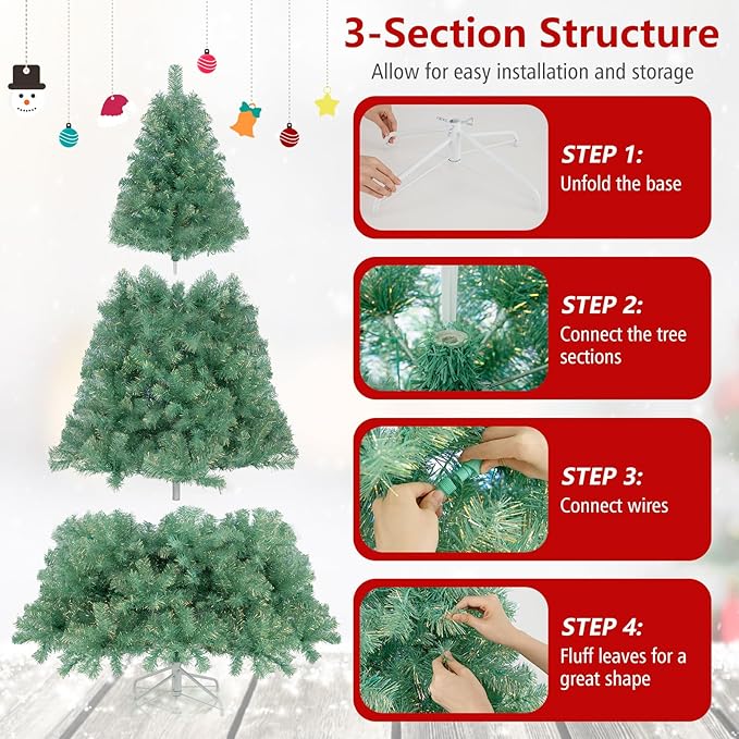 Goplus 6 FT Pre-Lit Tinsel Christmas Tree, Artificial Hinged Xmas Tree with 250 Warm White LED Lights, 8 Modes, 688 Lush Branch Tips, Metal Stand, Home Office Seasonal Holiday Decoration, Green