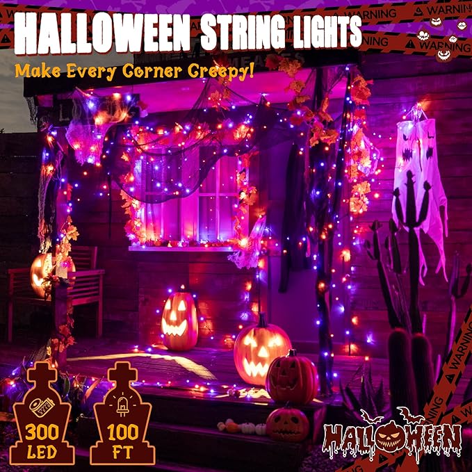 Ollny Halloween Lights Outdoor, 300 LED 100FT Orange and Purple Halloween Decorations with 8 Modes Timer, Plug in String Lights for Indoor Outside House Yard Party