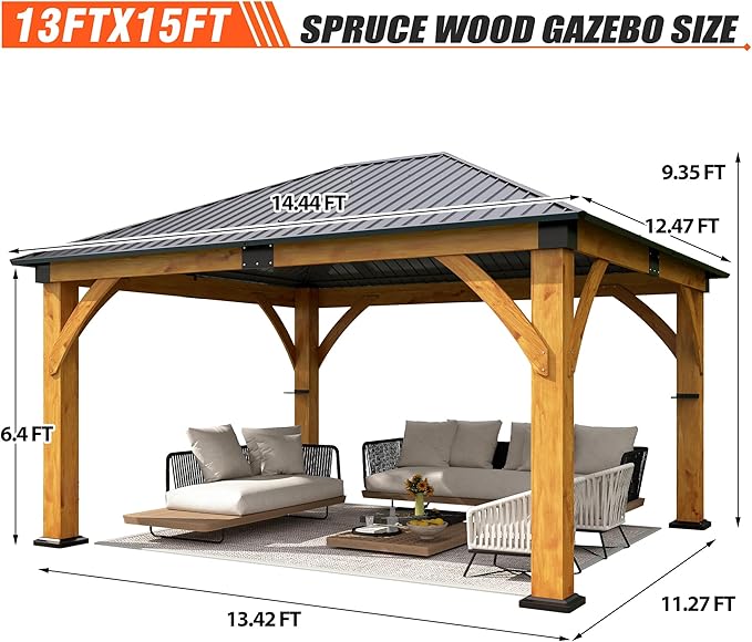 13'x15' Wood Gazebo, Spruce Wood Hardtop Gazebo with 2 Storage Shelves, Galvanized Steel Roof Outdoor Wooden Pavilion for Deck, Garden, Backyard