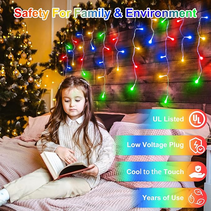 504LED 50ft Christmas Lights, 112Drops 12 Modes Multicolor Christmas String Lights Outdoor Dimmable, Waterproof Christmas Decoration Fairy Lights with Timer for Indoor Eaves Party Patio Window Fence