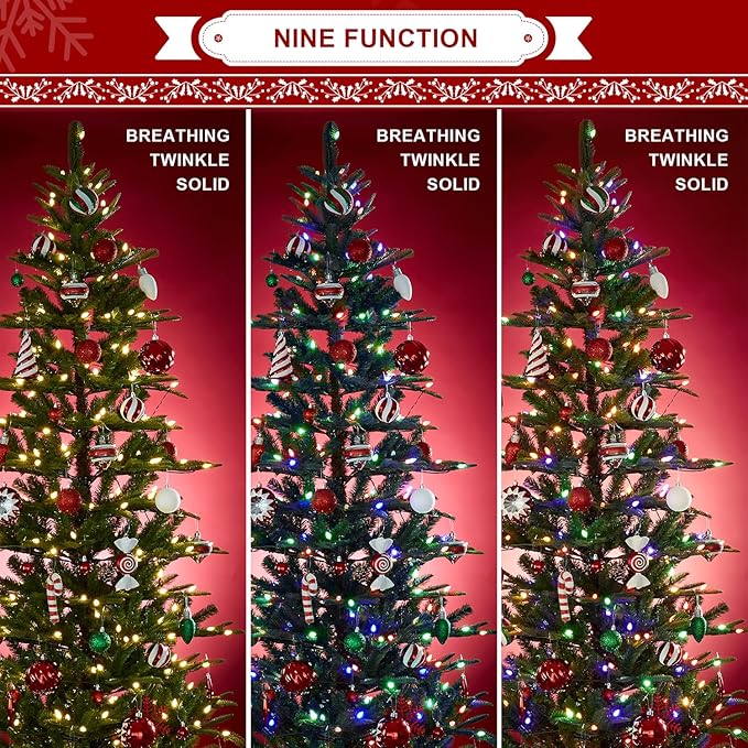 Glitzhome 7.5ft Pre-Lit Green Fir Christmas Tree, Cascade Evergreen Slim Artificial Holiday Christmas Tree with with 350 Strawberry Lights,9 Functional Warm White/Multi-Color, Remote Controller