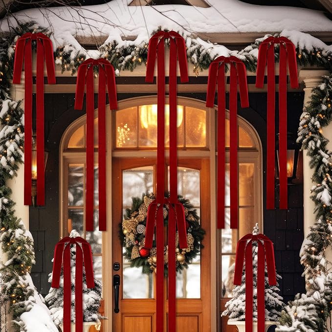 Janinka 12 Pcs Large Velvet Christmas Swag Bow 31.5 x 23.6 inch Rustic Velvet Staircase Wreath Bows Vintage Christmas Tree Topper Bows Large Bow for Outdoor (Wine Red)