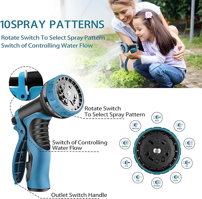 150 ft Expandable Garden Hose - Water Hose w/10 Function Spray Nozzle, Lightweight, No-Kink Flexible Hose with 3/4" Brass Fittings and 4-Layer Latex Core, 150ft Retractable Stretch Hose (Blue Black)