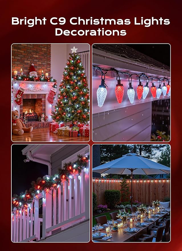 C9 Christmas Lights Outdoor, 100 FT 150 LED Connectable C9 String Lights with 8 Modes and Timer Xmas Tree Patio Roofline Garden Yard Holiday Party Indoor Outdoor Decoration, Red and White