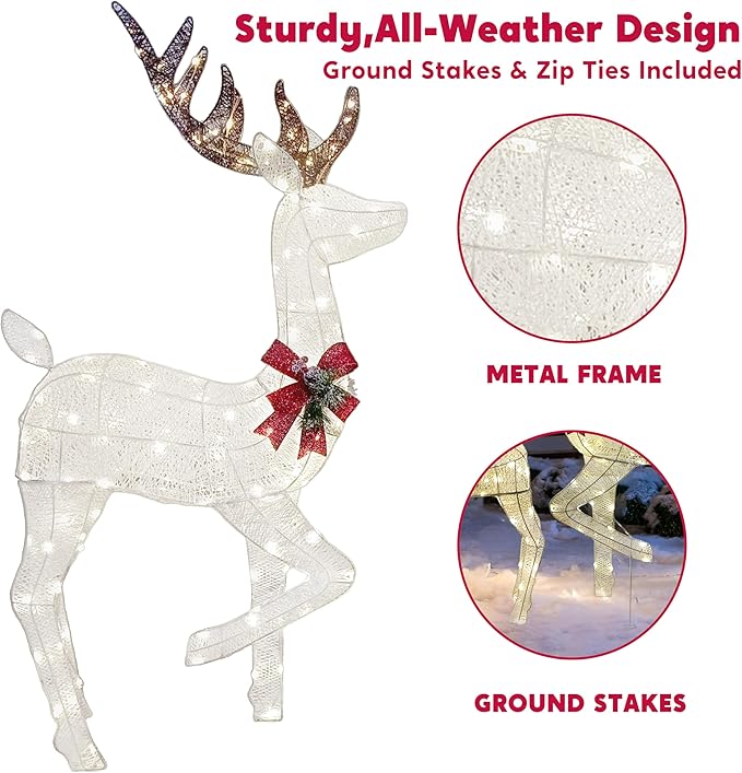 Joiedomi 3 Packs Christmas Decoration Deer Family, 360 Warm White LED Lighted Reindeers Yard Lights, Christmas Outdoor Decorations for Yard Garden Lawn, Xmas Decor, White Deer