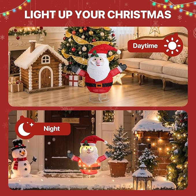 GENIMO Santa Claus Outdoor Christmas Decorations, 30 Lights Pop-up Lighted Warm White Light Pre-Lit Santa for Holiday Decor Outside Indoor Home Lawn Yard Garden Patio Stakes(24 in)