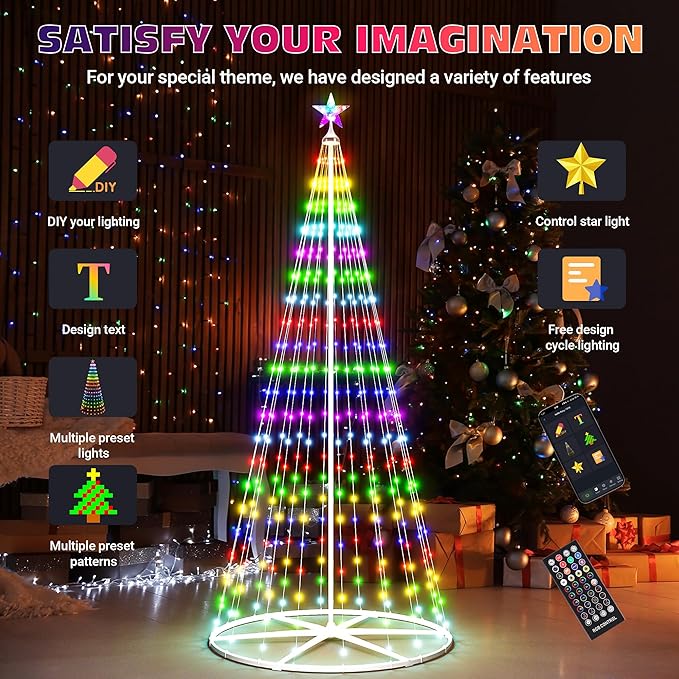 7.5FT Smart Cone Christmas Tree, Multicolor Prelit Outdoor Christmas Tree Lights with Star, Music Sync, App & Remote Control, LED Light Show Tree for Indoor Outdoor Decorations