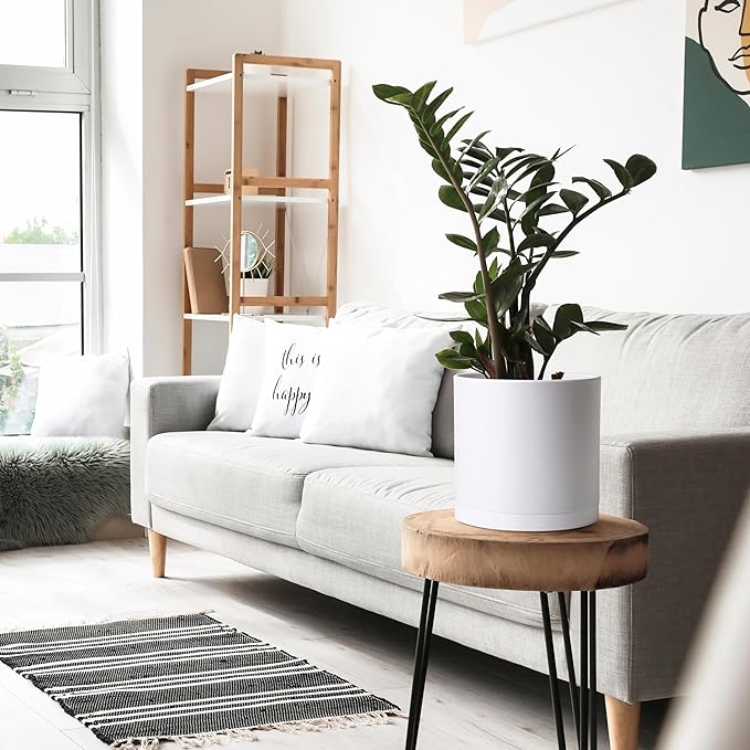 D'vine Dev 2 Pack 10 Inch Modern Plastic Plant Pots, Small Garden Planters for Plant with Drainage Holes and Saucers, White Color, 74-Z-N-1