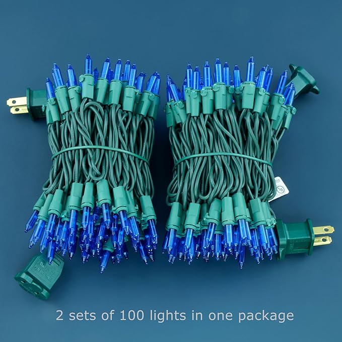 YULETIME 200 Blue Christmas Lights, Pack of 2 Strands of 21 ft 100 Count UL Certified Mini String Light (Blue - Green Wire)