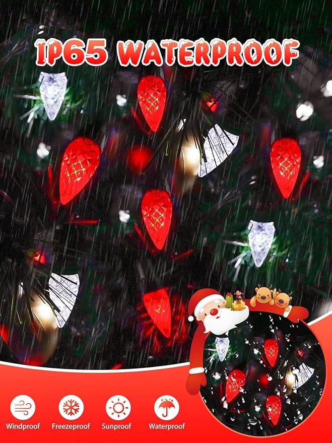 C6 Solar Christmas Lights Outdoor, 50 LED 16FT Christmas Decorations Outdoor Waterproof, Solar String Lights for Outside with 8 Modes, Fairy Twinkle Light for Tree Garden Xmas Decor (Red and White)