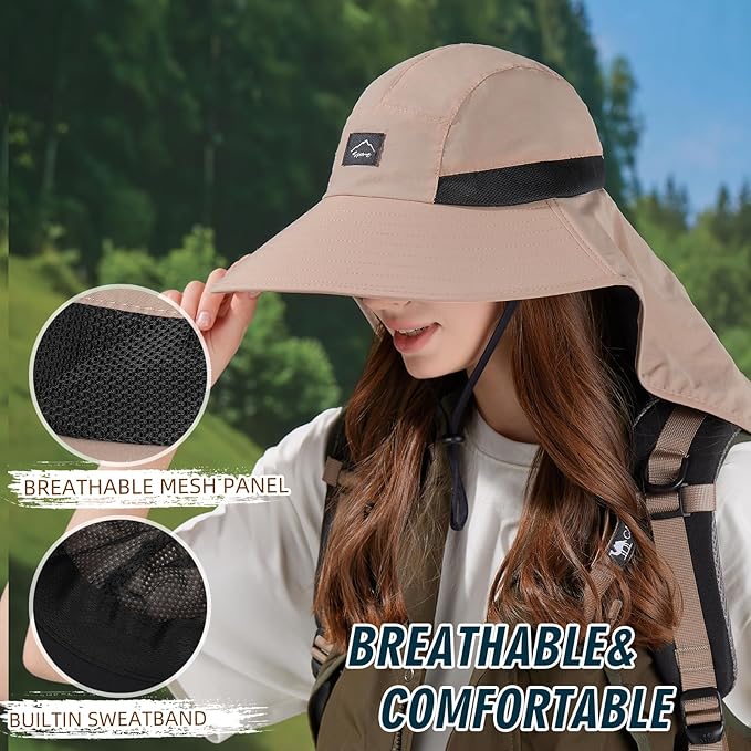 Rosoz Outdoor Sun Hat for Men Women, UPF50+ Protection Safari Cap Wide Brim Mesh Fishing Hat with Neck Flap Beach Garden