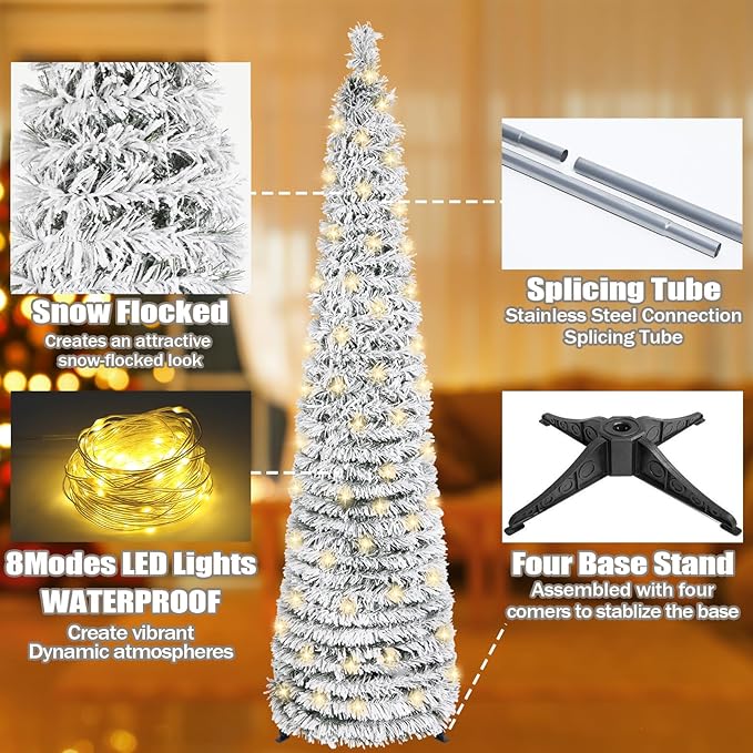 HMASYO 5 FT Pop Up Christmas Tree with Timer Lights, Collapsible Snow Flocked Pencil Christmas Tree, Artificial Slim Xmas Tree for Indoor Home Apartment Porch Holiday Party Decorations