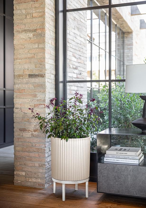 Veradek Demi Series Round Planter w/Stand for Porch/Patio | Durable Plastic-Stone Composite & Wooden Stand | Modern Décor for Tall Plants, Flowers