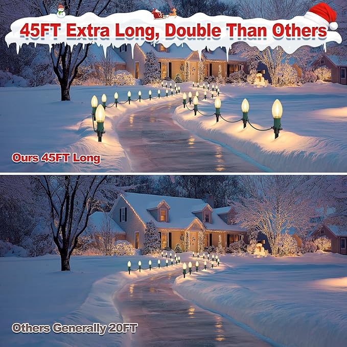 45Ft C9 30 Led Bulbs Christmas Pathway Lights Outdoor, Warm White Waterproof Connectable Christmas Walkway Lights for Driveway, Yard, Lawn, Sidewalk Decorations