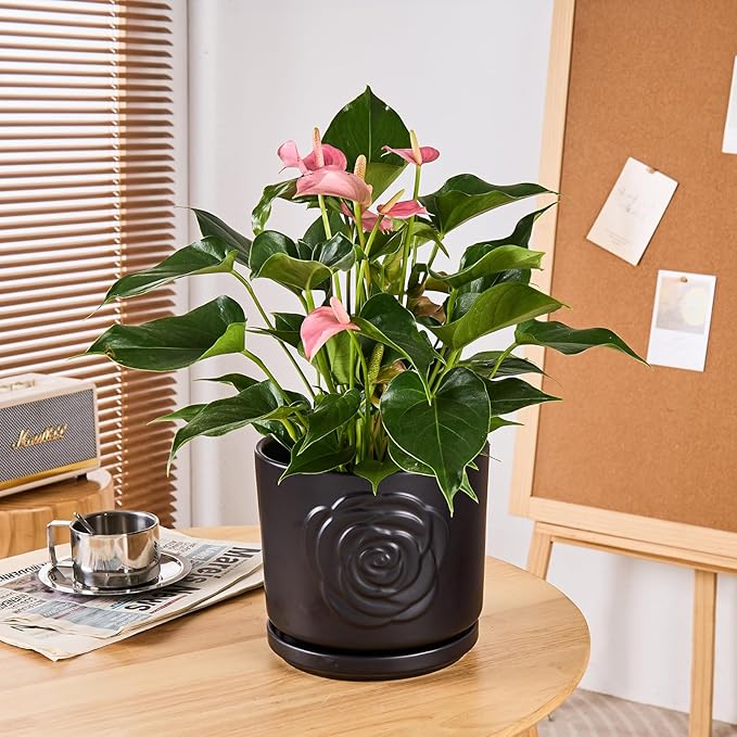 Ekirlin 7 inch Flower Plant Pot Indoor - Ceramic Garden Planters, Modern Rose Pattern Plant Pots with Drain Hole Saucer, Weatherproof Decorative Pot for Home, Office & Outdoor (Black)