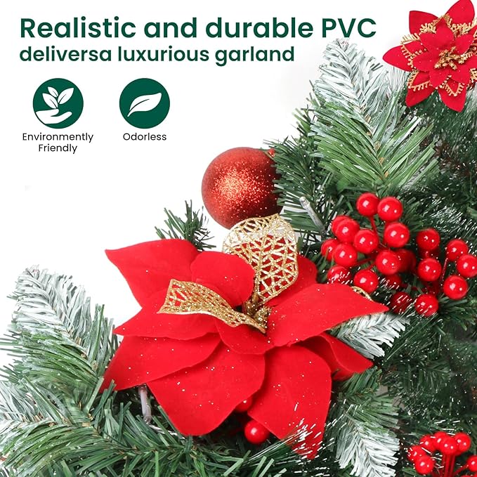 Christmas Garland with Lights, 30 LED Pre Lit Xmas Garland for Stairs Fireplace Front Door Table Porch Arch Mantle Garden Gate Staircase,Light Up Artificial Wreath Home Outdoor Decorations