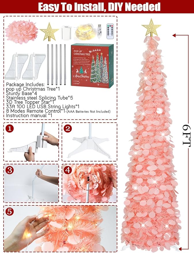 HMASYO 6 FT Pop Up Christmas Tree with 100 LED Lights & Remote, Pink Christmas Tinsel Tree, Collapsible Artificial Pencil Tree for Home Office Party Decor, USB Powered Timer Lights, Easy Assembly