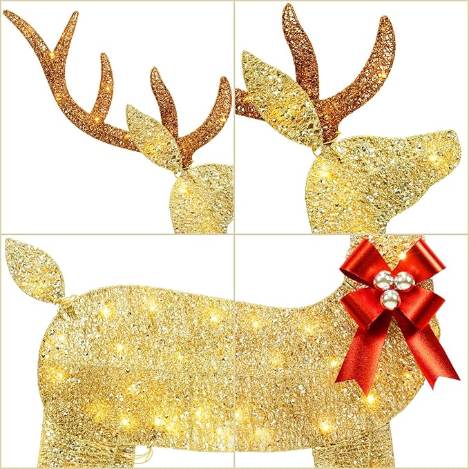 YULETIME 3-Piece Pre-lit 2D Christmas Reindeer Family, Lighted Glitter Christmas Deer Holiday Decoration with Warm White LED Lights