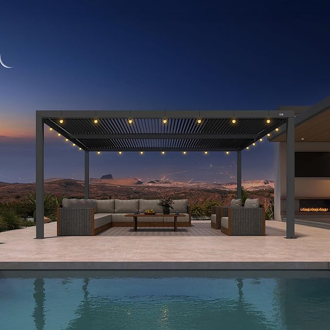 PURPLE LEAF Louvered Pergola 12' x 16' Outdoor Retractable Modern Hardtop Full Aluminum Pergola with Adjustable Rainproof Roof and 36 Clear LED String Lights for Patio Deck Backyard Slate Grey
