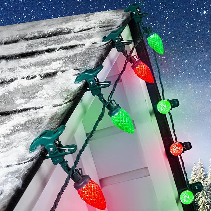 C9 LED Christmas Lights Outdoor, 68 Feet 100 LED Strawberry String Lights With 100 Spring Clamps, Waterproof Commercial Grade Extendable for Outside Roofline Patio Home Xmas Decoration, Red & Green