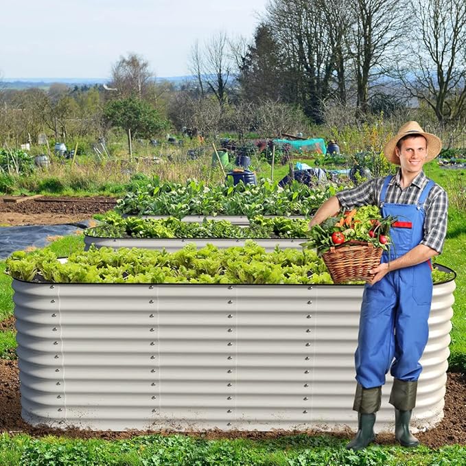 Olle Galvanized Planter for Vegetables 12-in-1 Large Metal Raised Bed Gardening Kit for Outdoors 32" Tall Size 5X5 Feets 8X2 Feets 4x8 Raised Garden Bed, Ivory