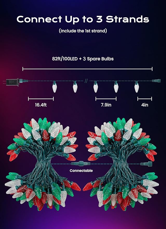 C9 Christmas Lights Outdoor, 66 FT 100 LED Connectable C9 String Lights with 8 Modes and Timer Xmas Tree Patio Roofline Garden Yard Holiday Party Indoor Outdoor Decoration, Red, Green and White