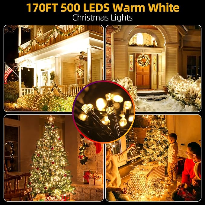 170FT 500 LED Christmas Lights Outdoor Indoor, Waterproof Christmas Tree Lights for Christmas Decorations with Timer, 8 Modes Memory Function (Warm White)