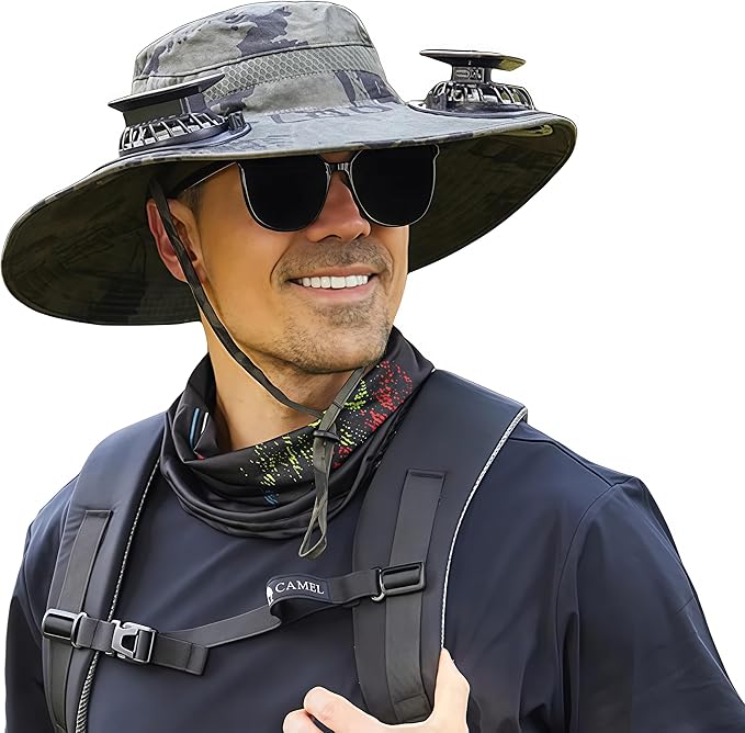 Wide Brim Solar Fan Hat for Men Women- UPF 50+ Sun Bucket Hat with 2 Built-in Solar Powered Fans for Fishing, Hiking & Beach