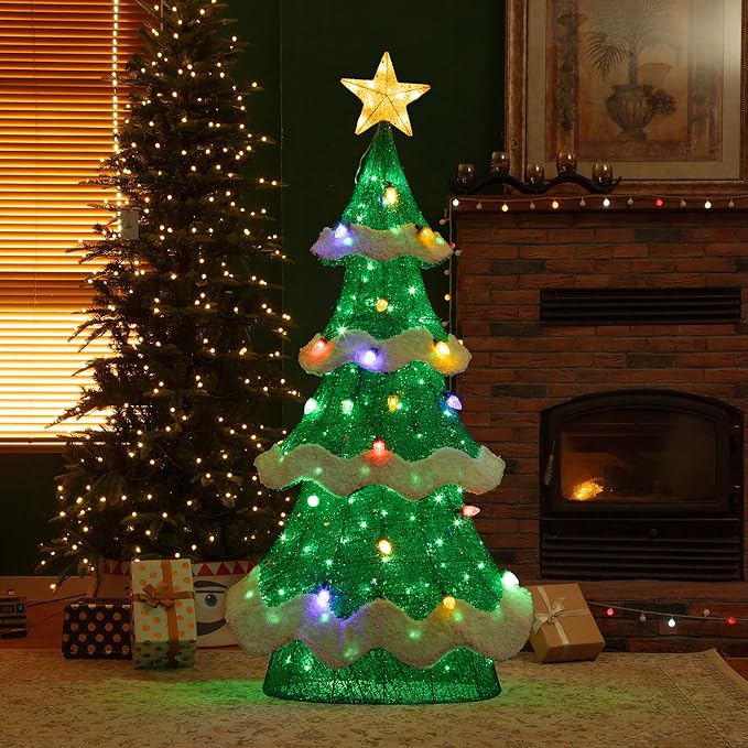 Glitzhome 6FT Outdoor Lighted 3D Christmas Tree, Large Mesh Christmas Tree Holiday Yard Decoration with Colorful Bulbs and 261 Green LED Lights, for Xmas Lighted Holiday Display Indoor Outdoor