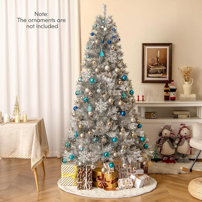 Goplus 7ft Pre-Lit Silver Tinsel Christmas Tree, Artificial Xmas Tree with 807 Branch Tips, 400 Warm White LED Lights, Upgraded Metal Stand, for Home Office Decor