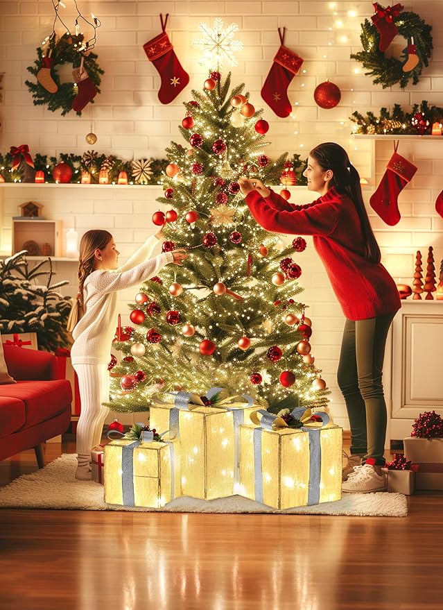 Set of 3 Christmas Decorations Lighted Gift Boxes, 12in 10in 8in with 60 Pre-Lit Mini String Lights，Foldable LED Xmas Gift Boxes with Bows for Tree Indoor Outdoor Holiday Party Yard Home Decor