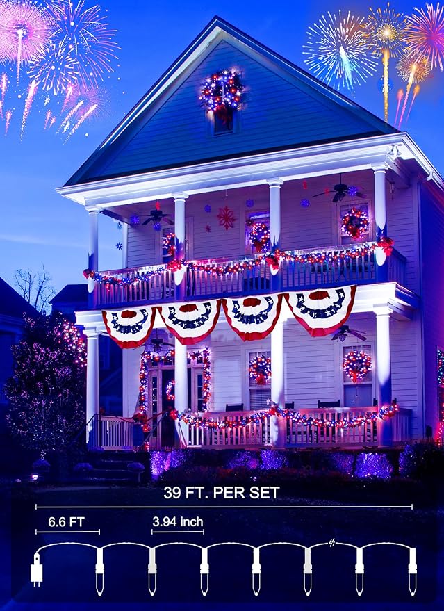 Red White Blue String Lights Plug in with Adapter,100 LED 33 Feet 4th of July Decoration Patriotic Mini Lights with Remote, Waterproof for Indoor Bedroom Wedding Party Holiday Independence Day